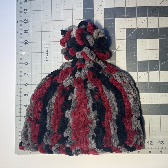 Handmade Women’s/Junior’s Winter Hat With Loopy Pom-Pom- Cranberry, Gray & Black - Picture 8 of 9